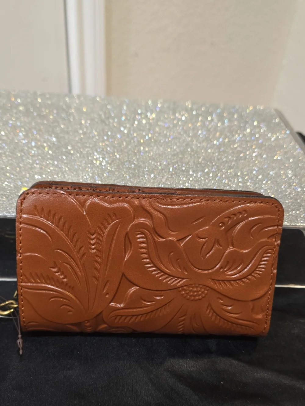 Patricia Nash Embossed Leather Wristlet Wallet in Cognac
